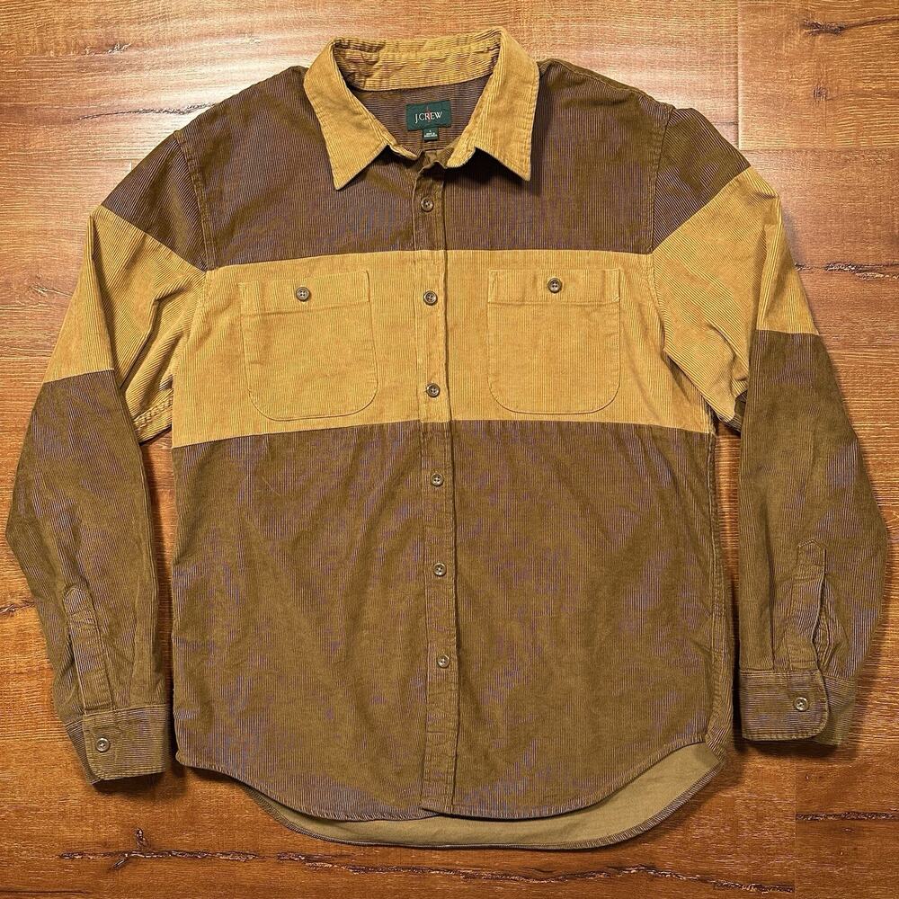 J Crew Oarsman Corduroy Button Up Shirt Mens L Brown Colorblock Retro Classic